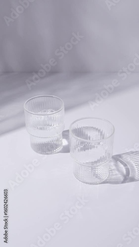 Glass cups and a jug of clean, clear drinking water stand on a white tabletop. Sunny day and sharp shadows from glass