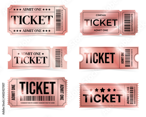 Collection of metallic golden rose tickets on a white background. Cinmea tickets, movie tickets, concert tickets, entrance tickets