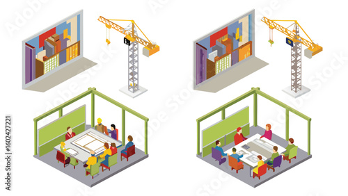 Isometric view showing construction site and meeting room with people discussing plans twice over view