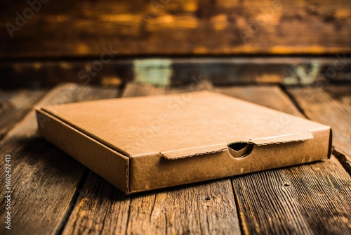 Empty cardboard pizza box on rustic wooden planks
