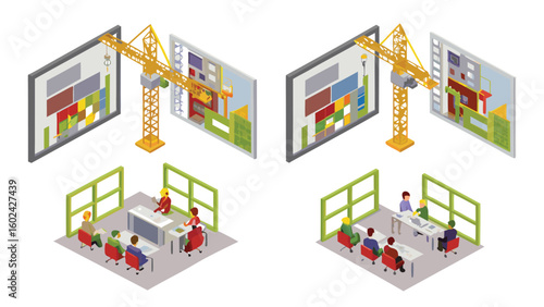Isometric view of construction crane building interface and people in meeting rooms shown