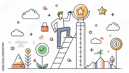 Professional man climbing corporate ladder toward success with trophy and star symbols, minimalist line art style illustration

