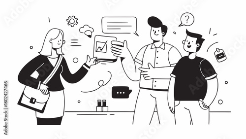 Doodle line art of office employees in casual conversation, coffee break, and team-building activity during workday.

