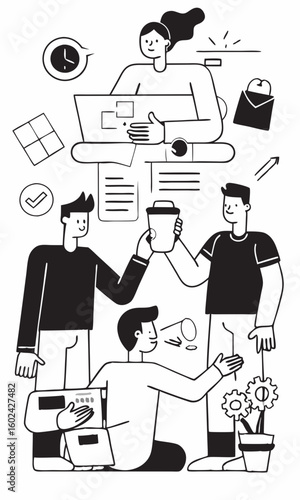 Doodle line art of office employees in casual conversation, coffee break, and team-building activity during workday.

