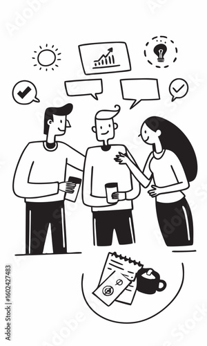 Doodle line art of office employees in casual conversation, coffee break, and team-building activity during workday.

