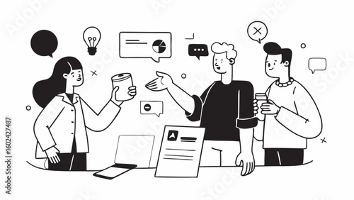 Doodle line art of office employees in casual conversation, coffee break, and team-building activity during workday.

