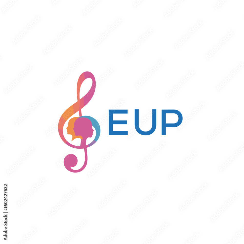 Fototapeta premium EUP “Creative music logo with human silhouettes and treble clef in gradient colors, EUP Later Logo, modern artistic design isolated on white background” 