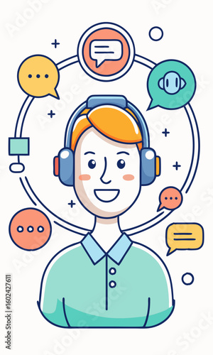 Customer support representative with headset answering chat messages, minimal line art symbol of online service helpdesk communication.

