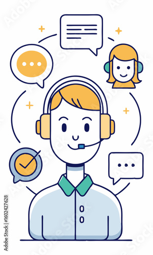 Customer support representative with headset answering chat messages, minimal line art symbol of online service helpdesk communication.

