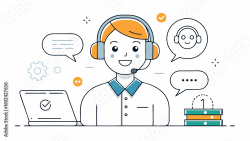 Customer support representative with headset answering chat messages, minimal line art symbol of online service helpdesk communication.

