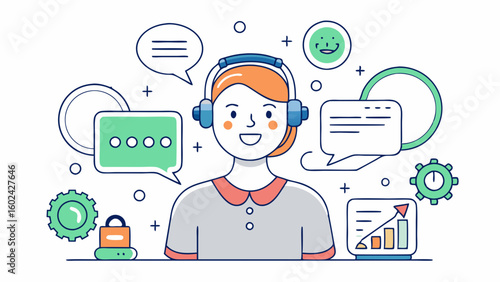 Customer support representative with headset answering chat messages, minimal line art symbol of online service helpdesk communication.

