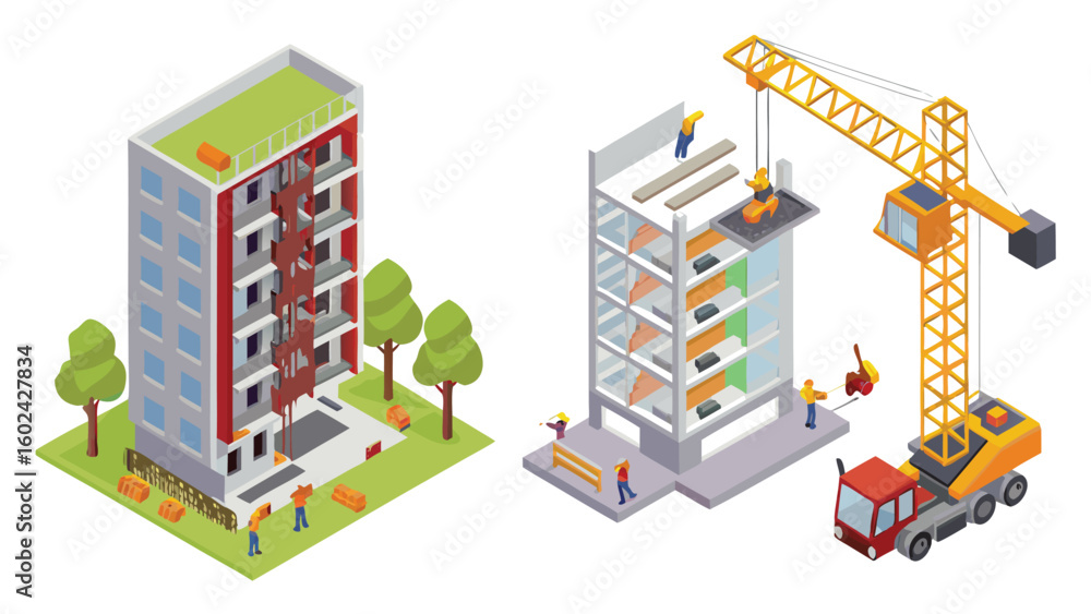 Obraz premium Isometric view of buildings under construction with crane and construction workers on the site shown here