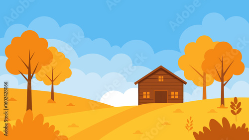 Autumn field wooden cabin golden trees sun