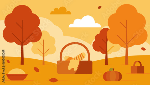 Autumn picnic golden trees blanket setup