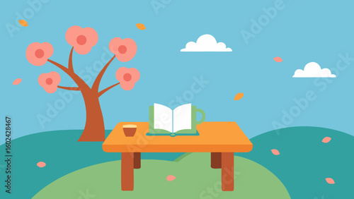 table with book and teacup in blooming orchard