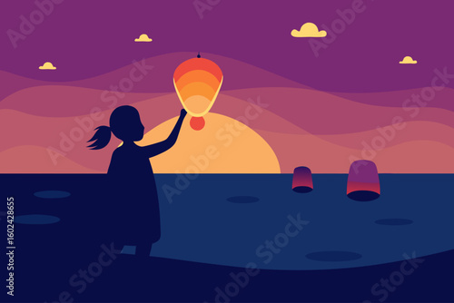 girl releasing paper lanterns beach glowing