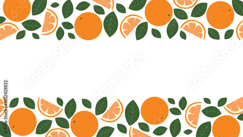 Horizontal template with juicy oranges and leaves. Background with citrus fruits for summer design. Tropical orange frame with copy space, vector graphic