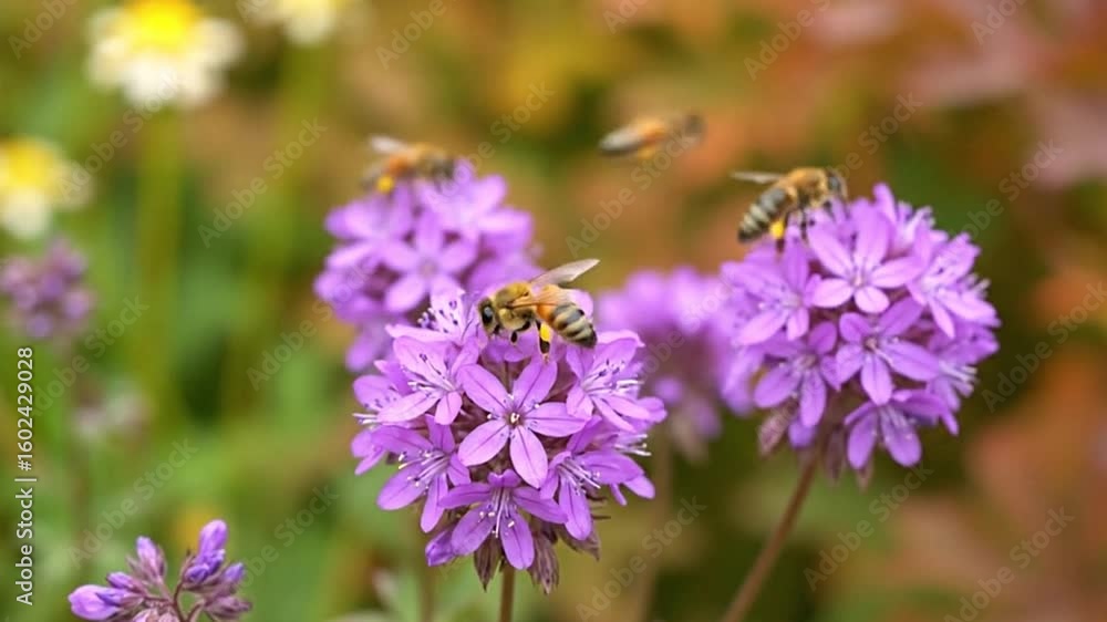 Several bees gather nectar from a cluster of small bright purple flowers in an outdoor setting Several bees gather nectar from a cluster of small bright purple flowers in an outdoor setting