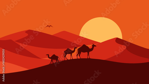 silhouette camels walking desert dunes