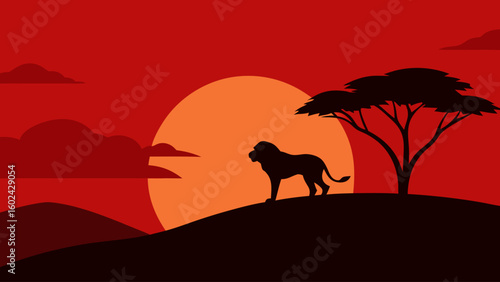 safari scene lion silhouette hill acacia