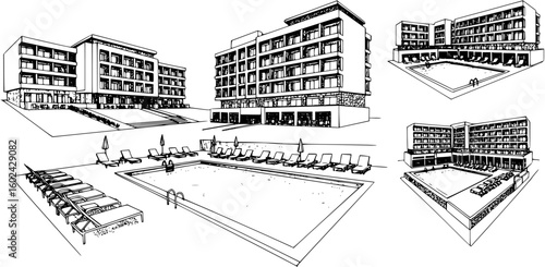Sunbeds by the pool of modern 
