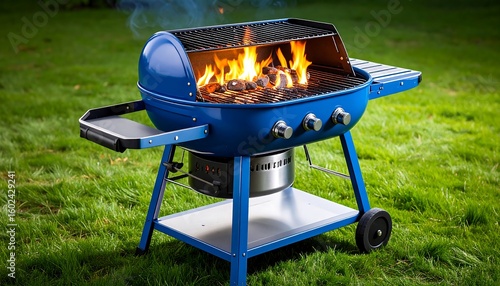 Vibrant blue outdoor grill ignites summer cooking with flames and delicious aromas