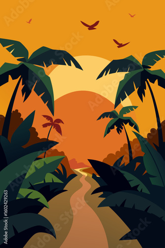 sunset banana trees jungle glow