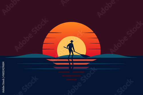 paddleboarder sunset calm sea glowing reflection