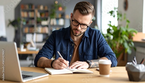 Man Writing in Notebook at Desk with Laptop and Coffee