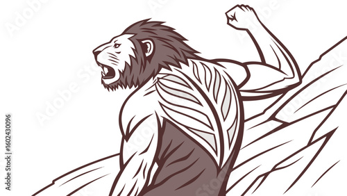 A muscular lion roars defiantly from a rocky precipice