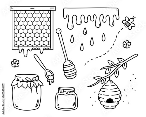Cute beekeeping set with honey jars, dripping honey, beehive, honeycomb frame, bees, flowers, and dippers. Vector hand-drawn illustration in doodle style. Perfect for decorations and various designs.