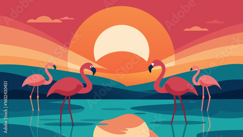 flamingos sunset lagoon warm