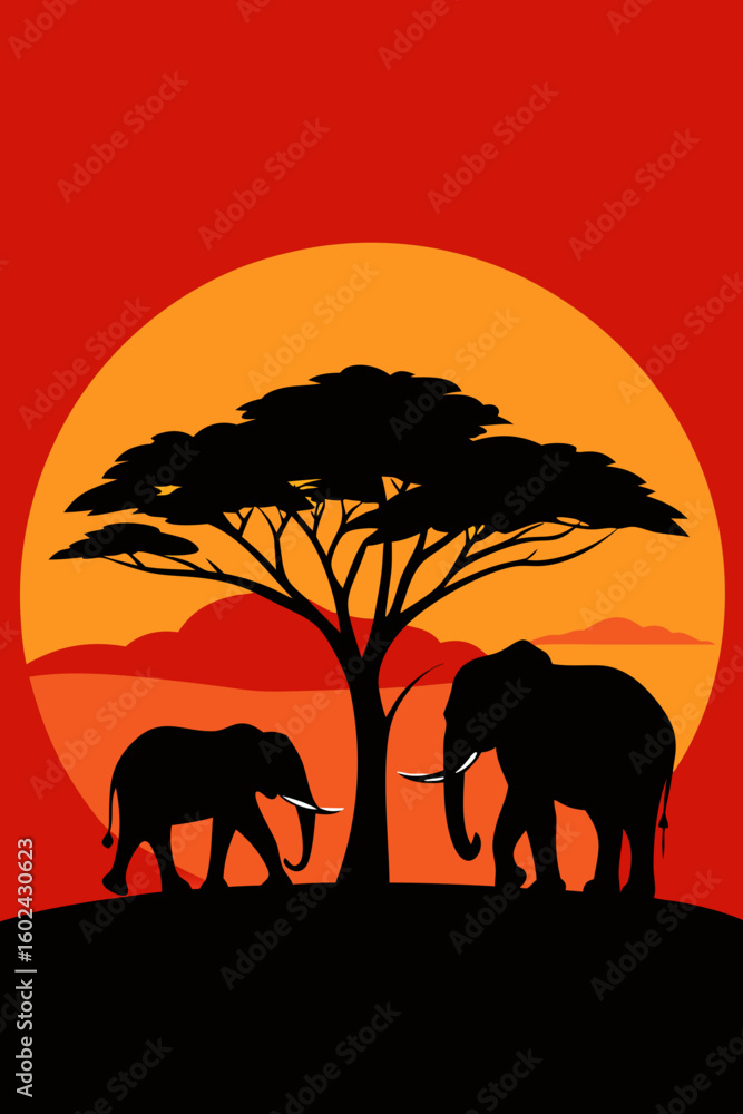 Fototapeta premium Elephant Family Under Giant Tree