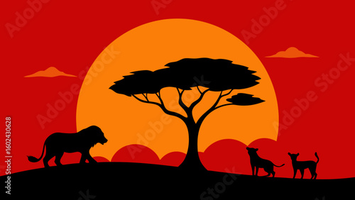 Savanna Sunset Lions Resting Tree