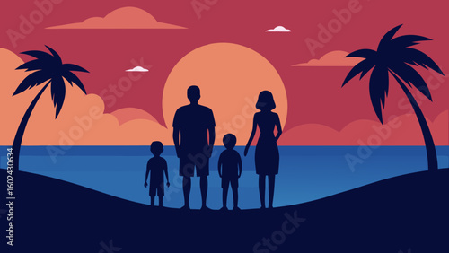 Family Watching Beach Sunset Silhouette