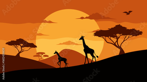Giraffes Walking Hill Silhouette