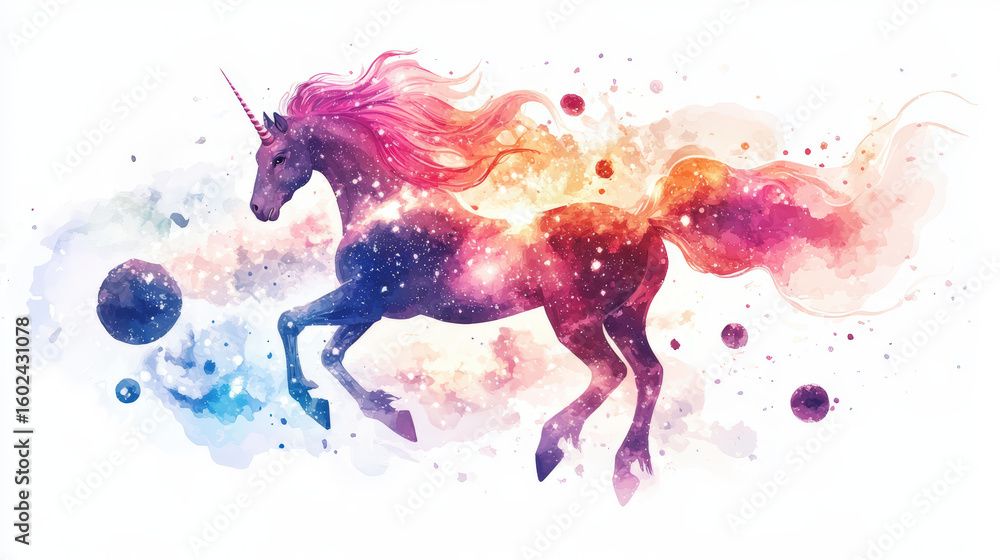 Obraz premium A stunning watercolor painting of a celestial unicorn galloping through the cosmos.