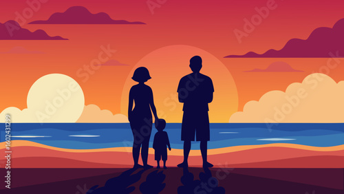 Family Watching Beach Sunset Silhouette