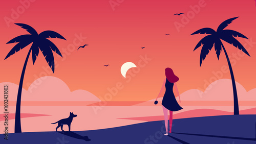 girl walking dog beach dusk palm trees