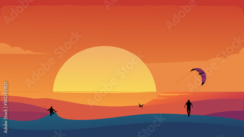 kite surfers ocean sunset silhouettes