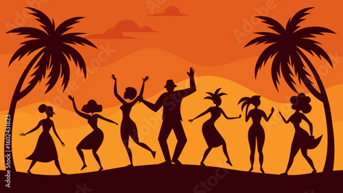 group people dancing beach orange sky