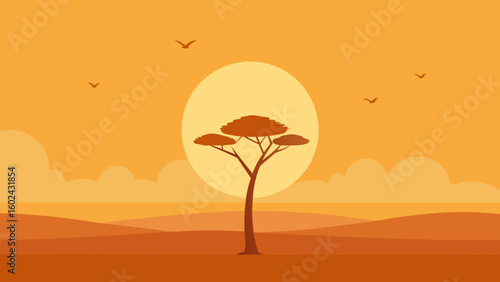 lone tree flat savanna plain glowing sun