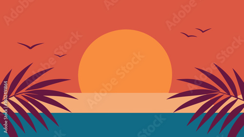ocean horizon palm leaves sun setting