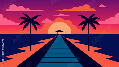 stylized pier ocean orange pink sky