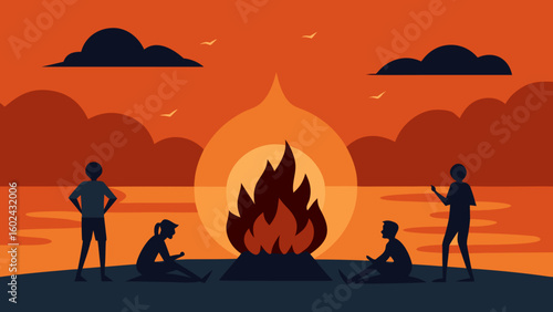 stylized bonfire beach friends silhouette
