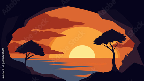 Sunset Island Cave Ocean Silhouettes