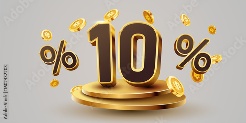10 percent with podium. Sale, discount or bonus concept. Vector illustration