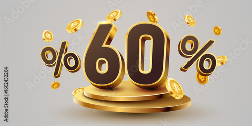 60 percent with podium. Sale, discount or bonus concept. Vector illustration