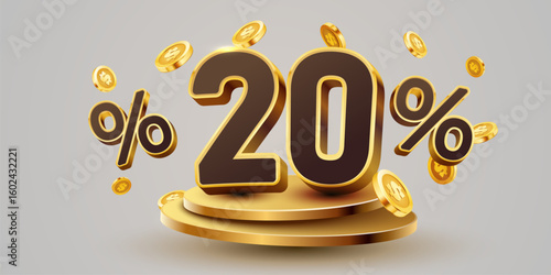20 percent with podium. Sale, discount or bonus concept. Vector illustration