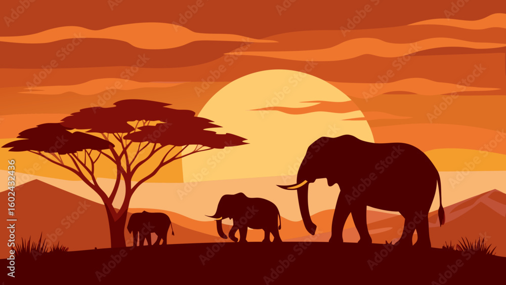 Obraz premium elephant family walking sunset savanna grass